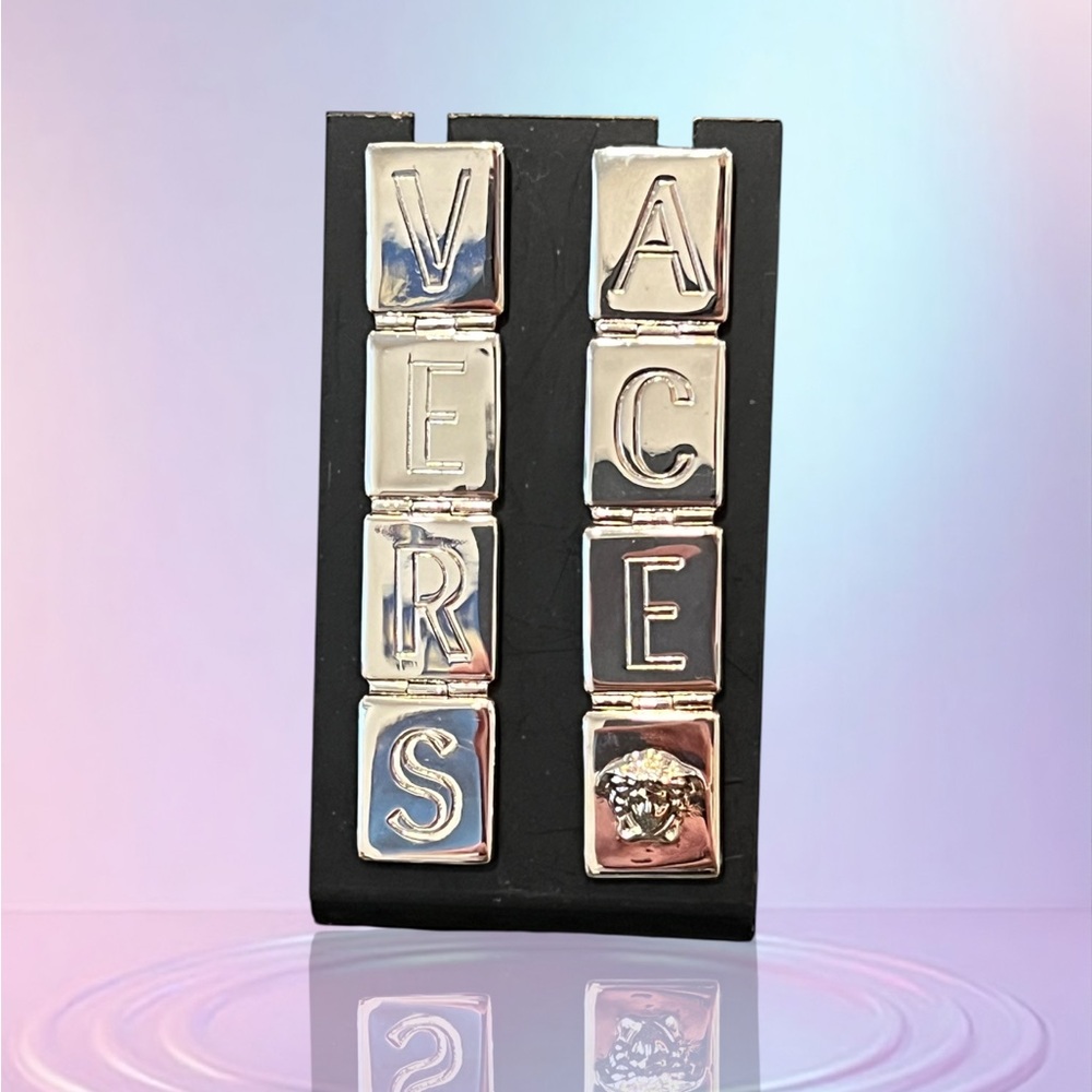 Versace Silver-Tone Logo Script Dangle Earrings - image 1